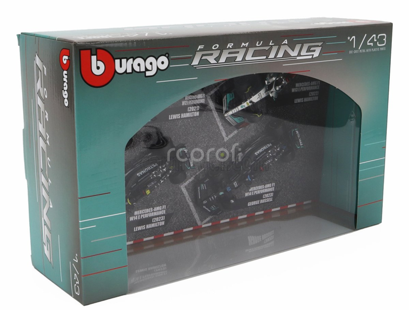 Bburago Mercedes gp Set F1  4x W14 Team Mercedes-amg Petronas Formula One N 44 Season 2023 Lewis Hamilton - N 63 Season 2023 George Russell - W13 N 44 Season 2022 Lewis Hamilton - W12 N 44 Season 2021 Lewis Hamilton 1:43 Matná Černá Stříbrná
