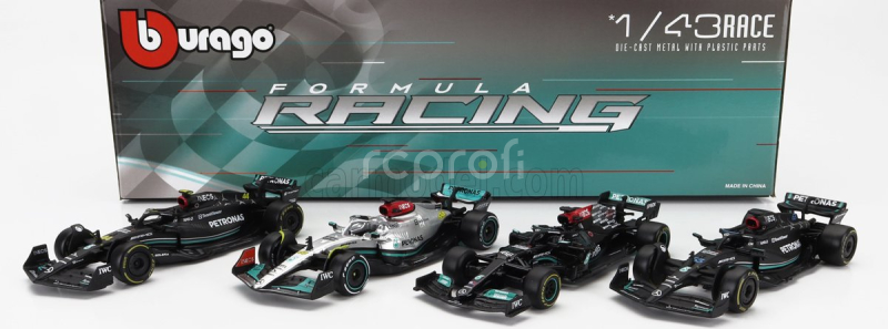 Bburago Mercedes gp Set F1  4x W14 Team Mercedes-amg Petronas Formula One N 44 Season 2023 Lewis Hamilton - N 63 Season 2023 George Russell - W13 N 44 Season 2022 Lewis Hamilton - W12 N 44 Season 2021 Lewis Hamilton 1:43 Matná Černá Stříbrná