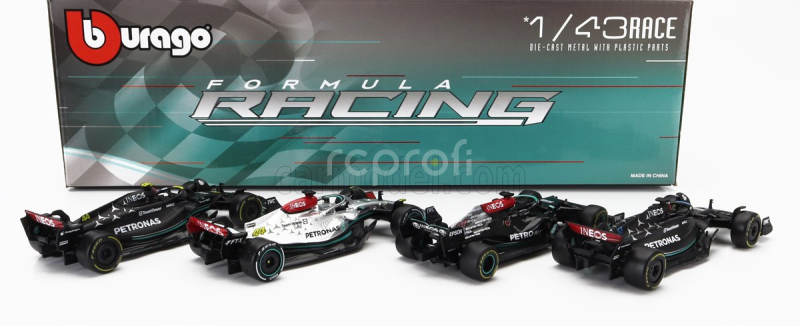 Bburago Mercedes gp Set F1  4x W14 Team Mercedes-amg Petronas Formula One N 44 Season 2023 Lewis Hamilton - N 63 Season 2023 George Russell - W13 N 44 Season 2022 Lewis Hamilton - W12 N 44 Season 2021 Lewis Hamilton 1:43 Matná Černá Stříbrná