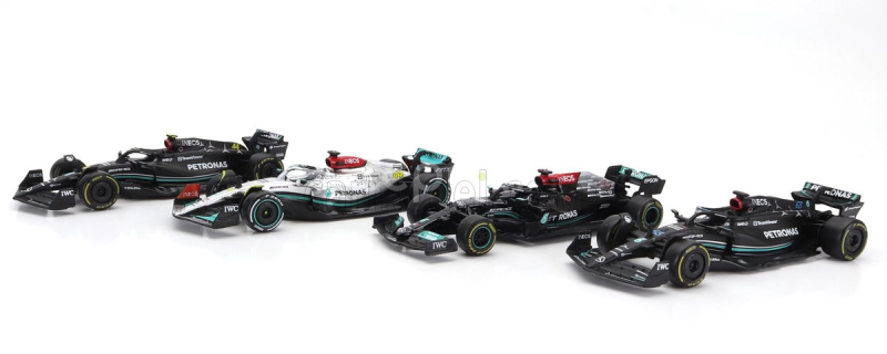 Bburago Mercedes gp Set F1  4x W14 Team Mercedes-amg Petronas Formula One N 44 Season 2023 Lewis Hamilton - N 63 Season 2023 George Russell - W13 N 44 Season 2022 Lewis Hamilton - W12 N 44 Season 2021 Lewis Hamilton 1:43 Matná Černá Stříbrná