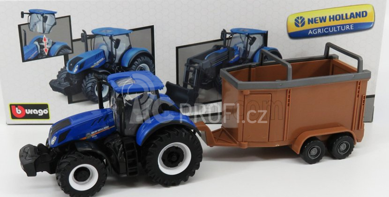 Bburago New holland T7.315 Tractor + Livestock Forwarder 1:50 Modrá Hnědá