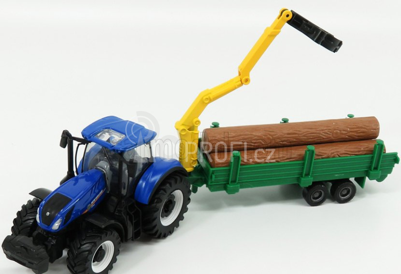Bburago New holland T7.315 Tractor + Tree Forwarder And Wood 1:50 Modrozelené Dřevo