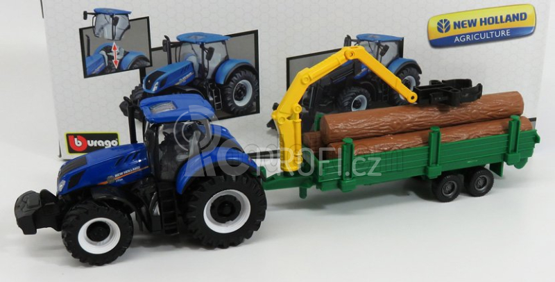 Bburago New holland T7.315 Tractor + Tree Forwarder And Wood 1:50 Modrozelené Dřevo