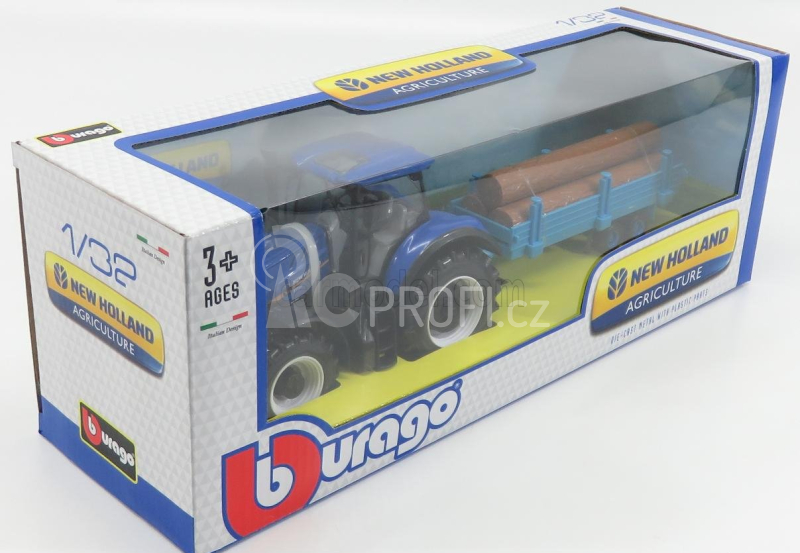 Bburago New holland T7hd Tractor With Trailer Trunk Transport - Trasporto Tronchi 1:32 Blue