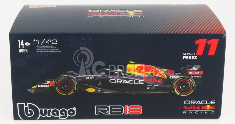 Bburago Red bull F1  Rb18 Team Oracle Red Bull Racing N 11 Season 2022 Sergio Perez - With Helmet And Plastic Showcase 1:43 Matná Modrá Žlutá Červená