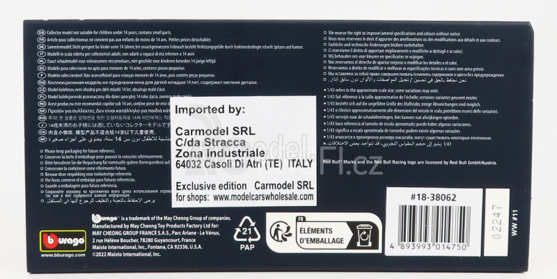 Bburago Red bull F1  Rb18 Team Oracle Red Bull Racing N 11 Season 2022 Sergio Perez - With Helmet And Plastic Showcase 1:43 Matná Modrá Žlutá Červená