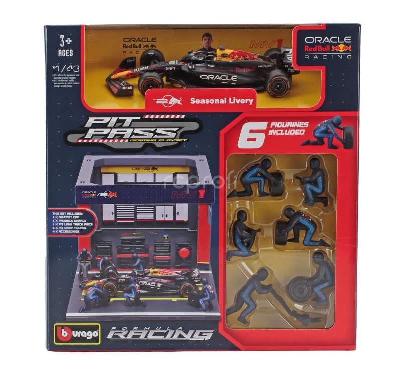 Bburago Red bull F1  Rb19 Diorama Garage Pit-stop Team Oracle Red Bull Racing N 1 World Champion Season 2023 Max Verstappen With Crew Figure And Accessories 1:43 Modrá Žlutá Červená