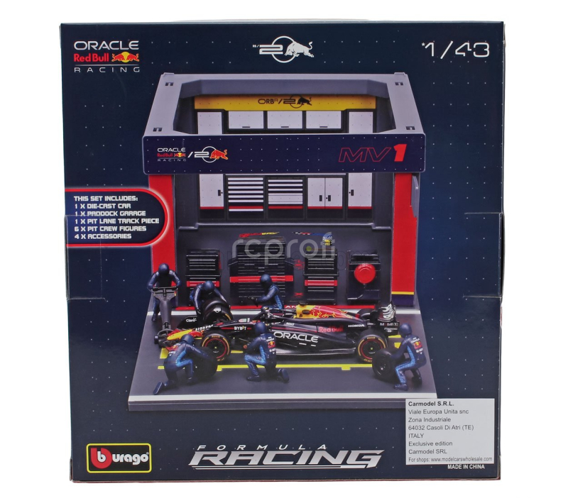 Bburago Red bull F1  Rb19 Diorama Garage Pit-stop Team Oracle Red Bull Racing N 1 World Champion Season 2023 Max Verstappen With Crew Figure And Accessories 1:43 Modrá Žlutá Červená