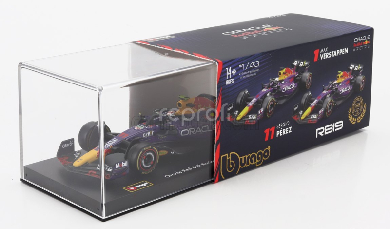 Bburago Red bull F1  Rb19 Team Oracle Red Bull Racing N 11 3rd Las Vegas Usa Gp 2023 Sergio Perez - With Pilot And Showcase 1:43 Fialová Žlutá Červená