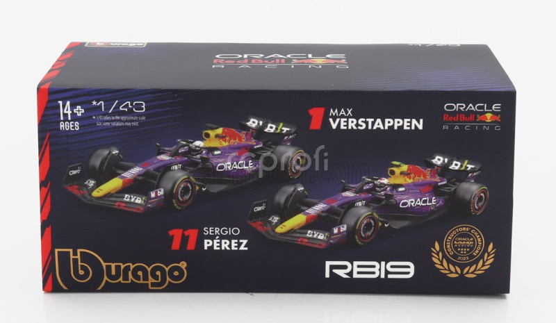 Bburago Red bull F1  Rb19 Team Oracle Red Bull Racing N 11 3rd Las Vegas Usa Gp 2023 Sergio Perez - With Pilot And Showcase 1:43 Fialová Žlutá Červená