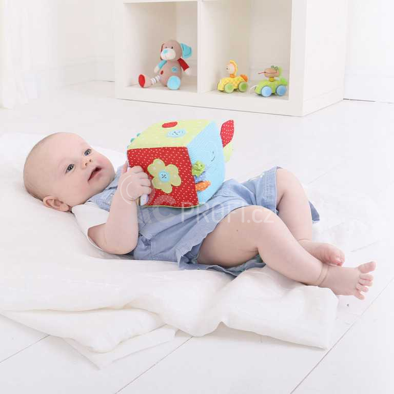 Bigjigs Baby textilní motorická kostka pejsek Bruno
