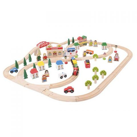 Bigjigs Rail Dřevěná vláčkodráha město a vesnice 101 dílů poškozený obal