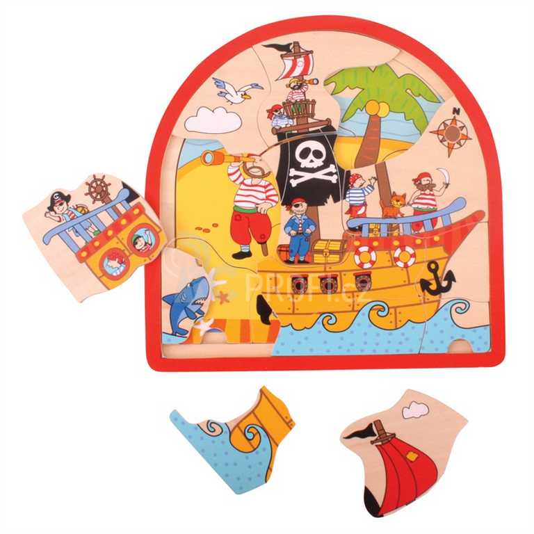 Bigjigs Toys Dřevěné vícevrstvé puzzle Pirátská loď