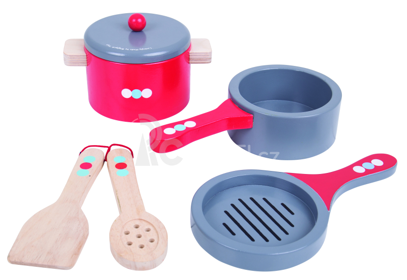 Bigjigs Toys Dřevěný set nádobí s puntíky poškozený obal