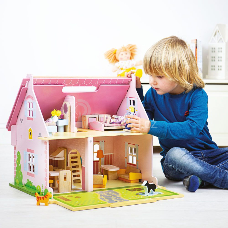 Bigjigs Toys Přenosný dřevěný domeček pro panenky - poškozený obal