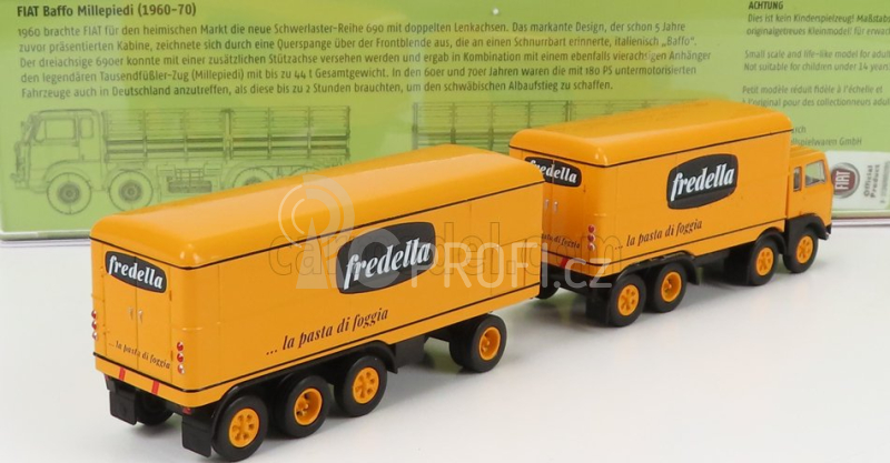 Brekina plast Fiat 690 Truck Millepiedi 4-assi Fredella La Pasta Di Foggia 1961 1:87 Žlutá Černá