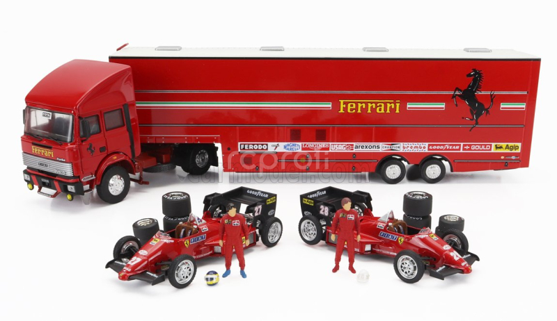 Brumm Iveco fiat Fiat Iveco 190 Truck Car Transporter Monaco Gp 1984 With 2x F1 Ferrari 126ck Turbo N 27 Michele Alboreto - N 28 Rene Arnoux + Figures And Accessories 1:43 Red