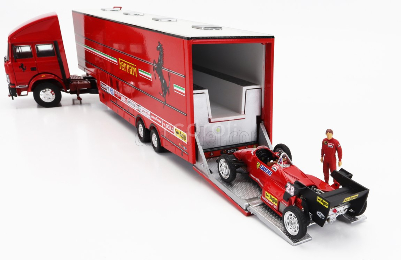 Brumm Iveco fiat Fiat Iveco 190 Truck Car Transporter Monaco Gp 1984 With 2x F1 Ferrari 126ck Turbo N 27 Michele Alboreto - N 28 Rene Arnoux + Figures And Accessories 1:43 Red