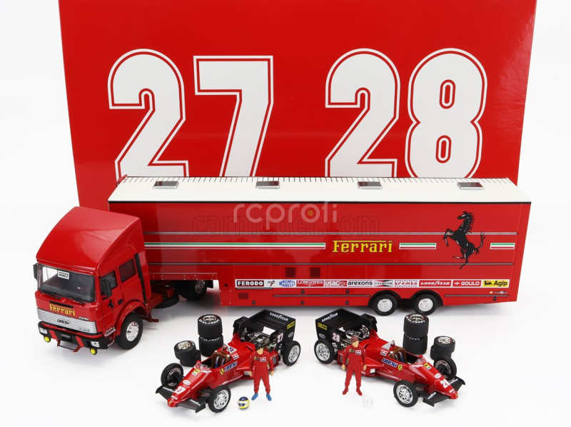 Brumm Iveco fiat Fiat Iveco 190 Truck Car Transporter Monaco Gp 1984 With 2x F1 Ferrari 126ck Turbo N 27 Michele Alboreto - N 28 Rene Arnoux + Figures And Accessories 1:43 Red