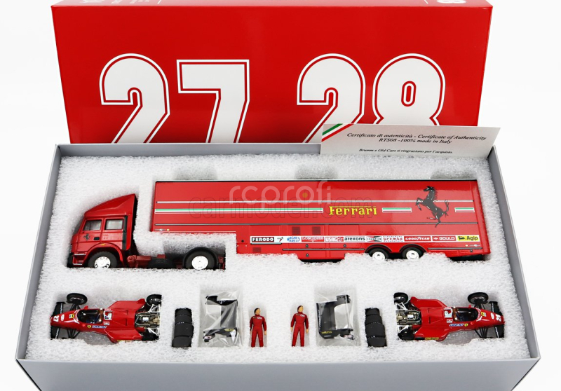 Brumm Iveco fiat Fiat Iveco 190 Truck Car Transporter Monaco Gp 1984 With 2x F1 Ferrari 126ck Turbo N 27 Michele Alboreto - N 28 Rene Arnoux + Figures And Accessories 1:43 Red