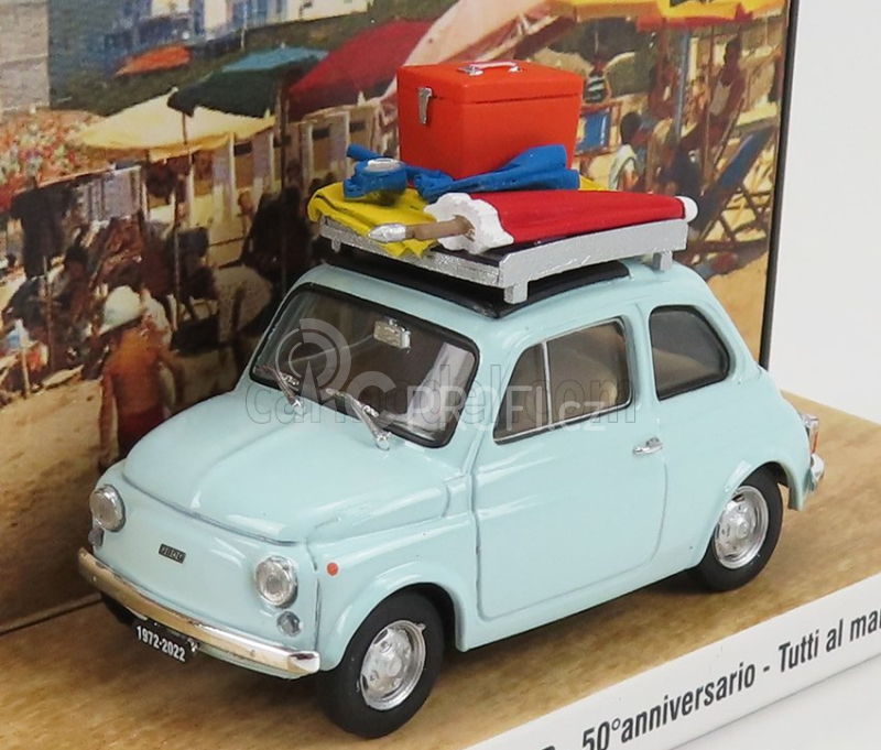 Brumm prom Fiat 500r 1972 - Tutti Al Mare - Saluti Da Oltrona S.m. 1:43, světle modrá