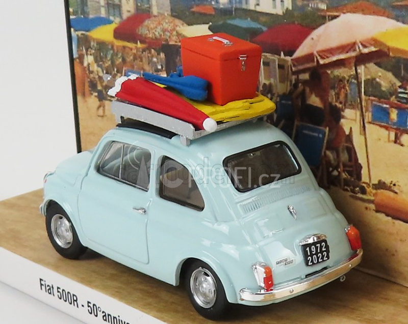 Brumm prom Fiat 500r 1972 - Tutti Al Mare - Saluti Da Oltrona S.m. 1:43, světle modrá
