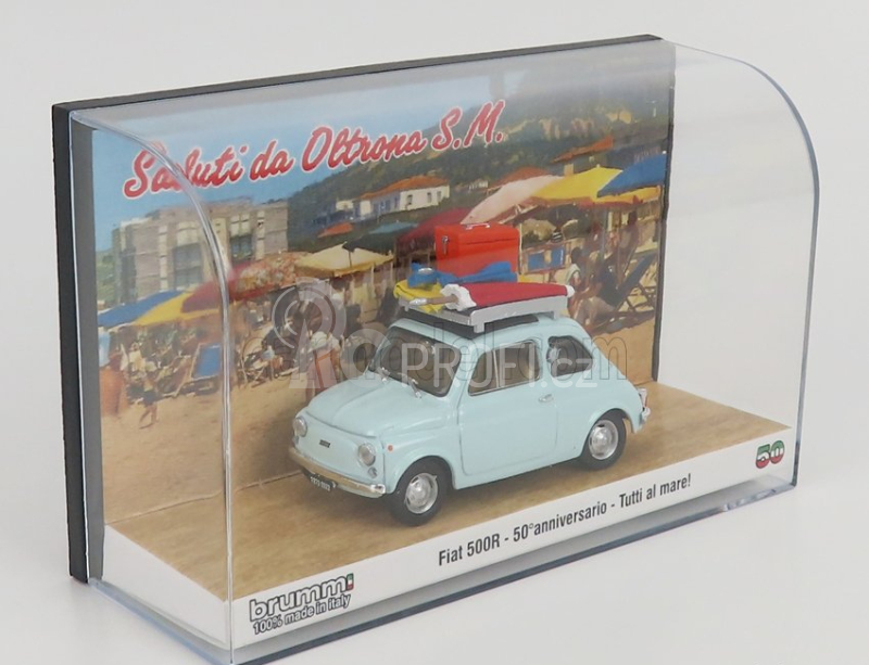 Brumm prom Fiat 500r 1972 - Tutti Al Mare - Saluti Da Oltrona S.m. 1:43, světle modrá