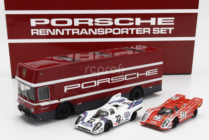 Brumm prom Mercedes benz Set 3x O317 Truck Car Renntransporter 1968 + Porsche 917k 4.9l Team Martini Racing N 22 Winner 24h Le Mans 1971 Helmut Marko - Gijs Van Lennep + Team Salzburg N 23 Winner 24h Le Mans 1970 Hans Herrmann - Richard Attwood + Figures And Accessories 1:43 Červená Šedá Bílá