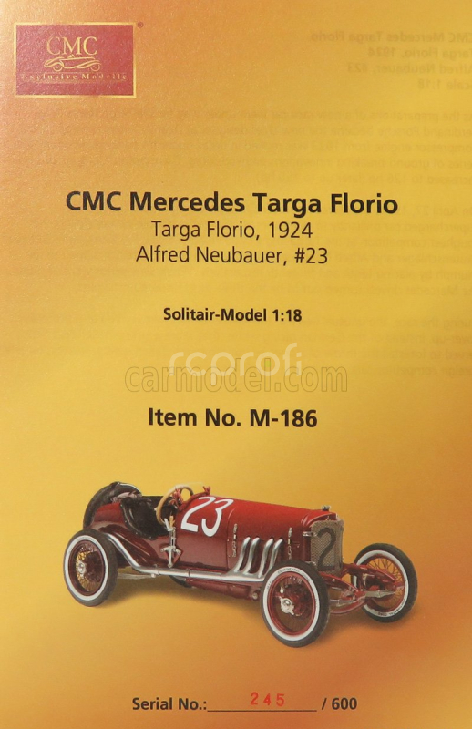 Cmc Mercedes benz 2000 Spider N 23 3rd Targa Florio 1924 A.neubauer 1:18 Bordeaux