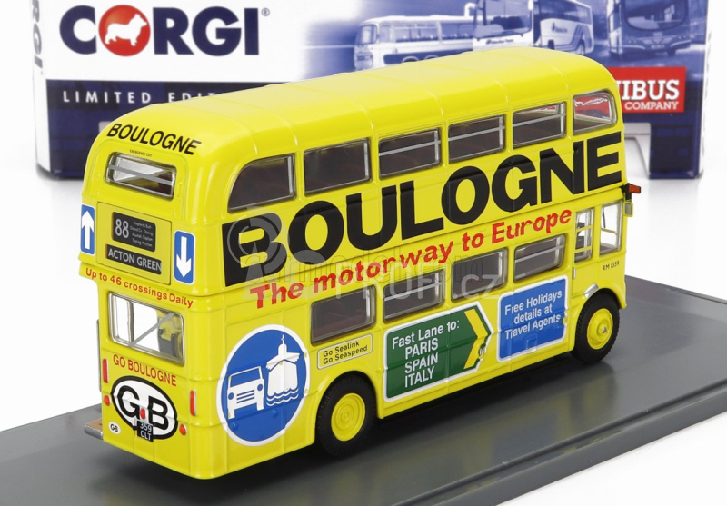Corgi AEC Type Rm Autobus London Transport Boulogne Route 88 Action Green 1949 1:76 Žlutá