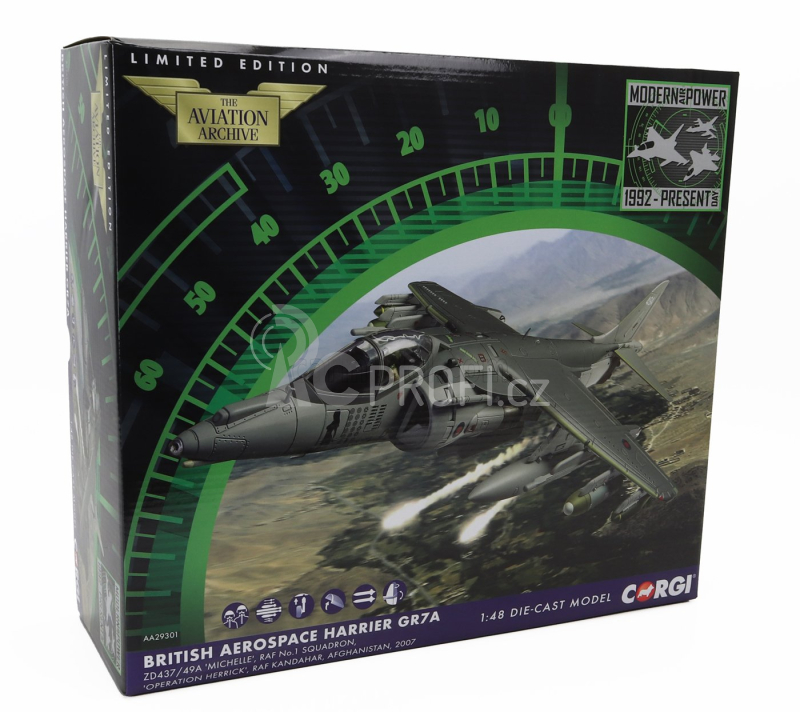 Corgi British aerospace Bae Harrier Gr7 Military Airplane 1975 1:48 Vojenská Šedá