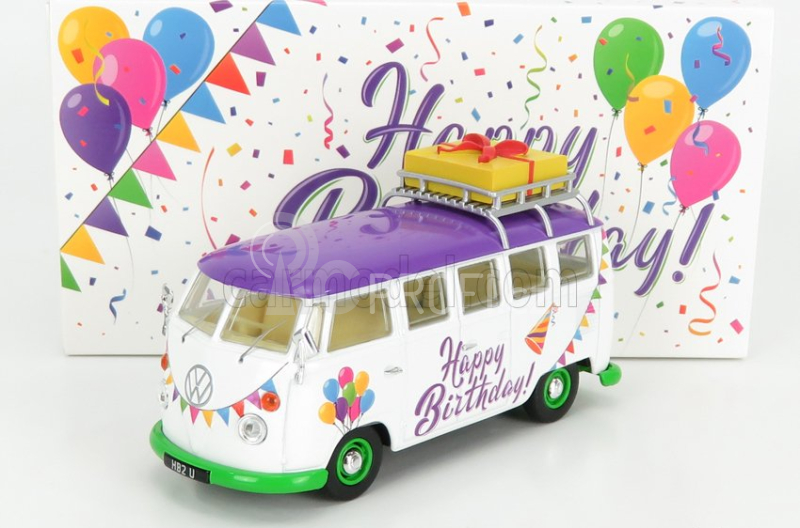 Corgi Volkswagen T1 Minibus Happy Birthday 1961 1:43 Bílá Fialová