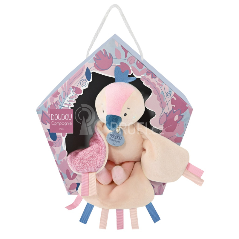 Doudou Dárková sada - hudební plyšová hračka ptáček růžový 23 cm