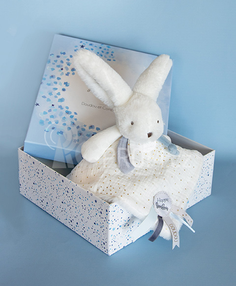 Doudou Dárková sada modrá - králíček s čtvercovou dečkou 25 cm