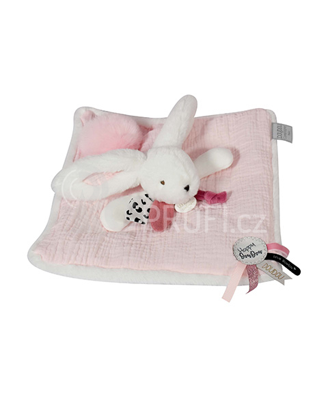 Doudou Dárková sada růžová - králíček s čtvercovou dečkou 25 cm