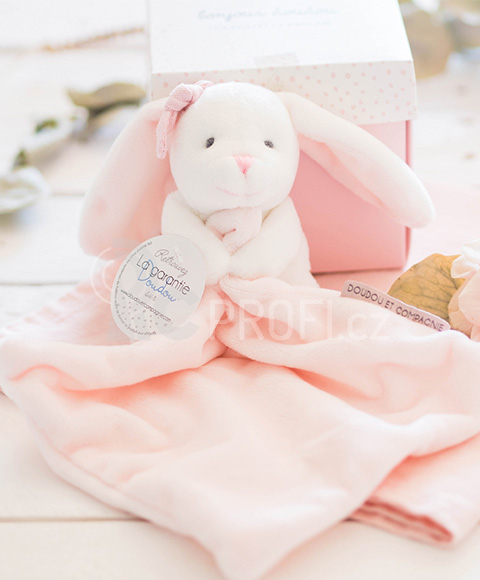 Doudou Dárková sada růžová - králíček s muchláčkem 10 cm