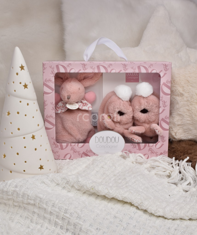 Doudou Dárková sada růžová Plyšový zajíček a botičky