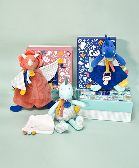 Doudou Hračka s úchytem na dudlík dinosaurus modrý 23 cm