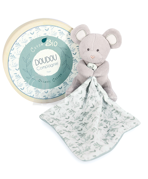 Doudou Plyšová myška s dečkou z  BIO bavlny 15 cm zeleno-bílá