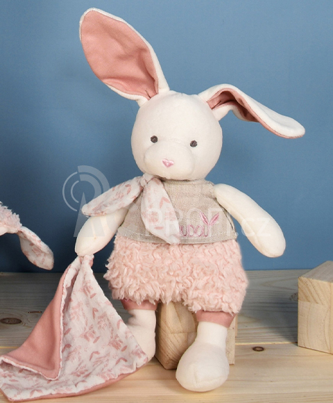 Doudou Plyšový Ecru králiček s růžovou dečkou z  BIO bavlny 22 cm