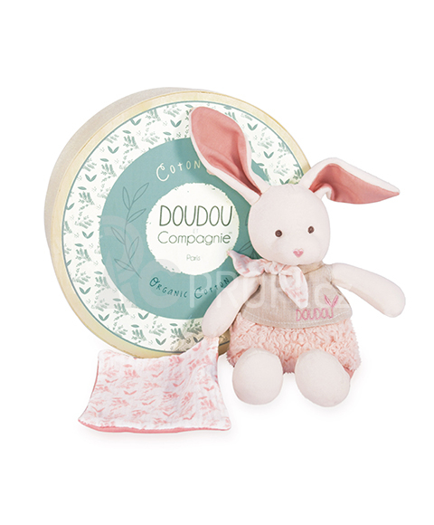 Doudou Plyšový Ecru králiček s růžovou dečkou z  BIO bavlny 22 cm