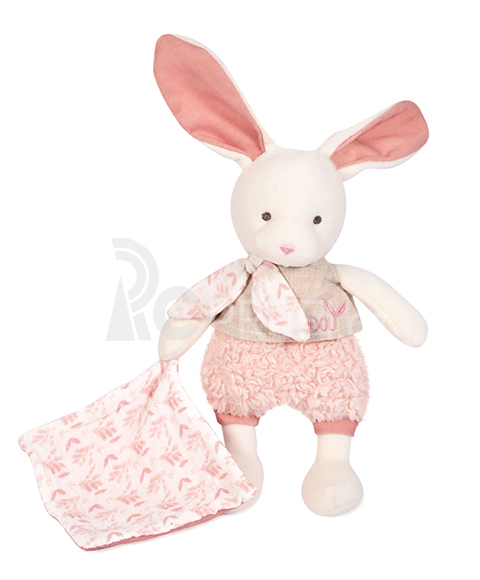 Doudou Plyšový Ecru králiček s růžovou dečkou z  BIO bavlny 22 cm