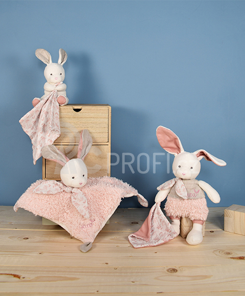 Doudou Plyšový Ecru králiček s růžovou dečkou z  BIO bavlny 22 cm