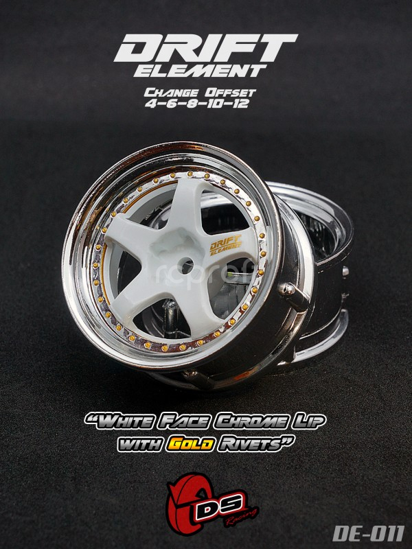 DS Racing Drift Element 5 Spoke disky, Bílý střed, chromový okraj a zlaté nýty, 2 ks