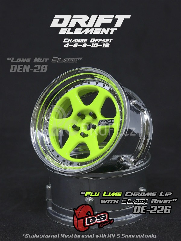 DS Racing Drift Element 6 Spoke disky, FLU Lime, chromový okraj a černé nýty, 2 ks