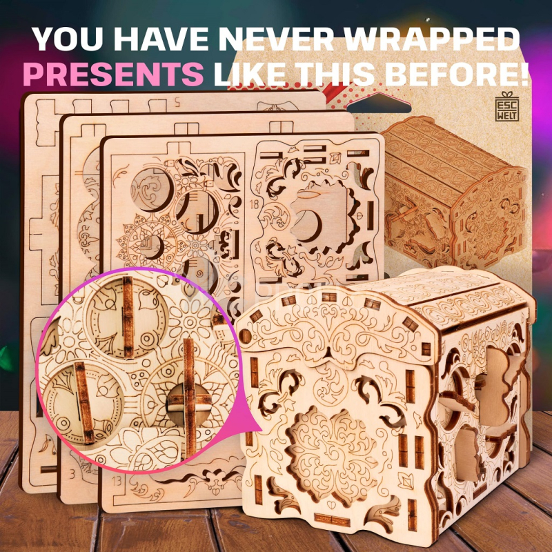 EscapeWelt 3D Dřevěná skládačka Secret Treasure Box složená