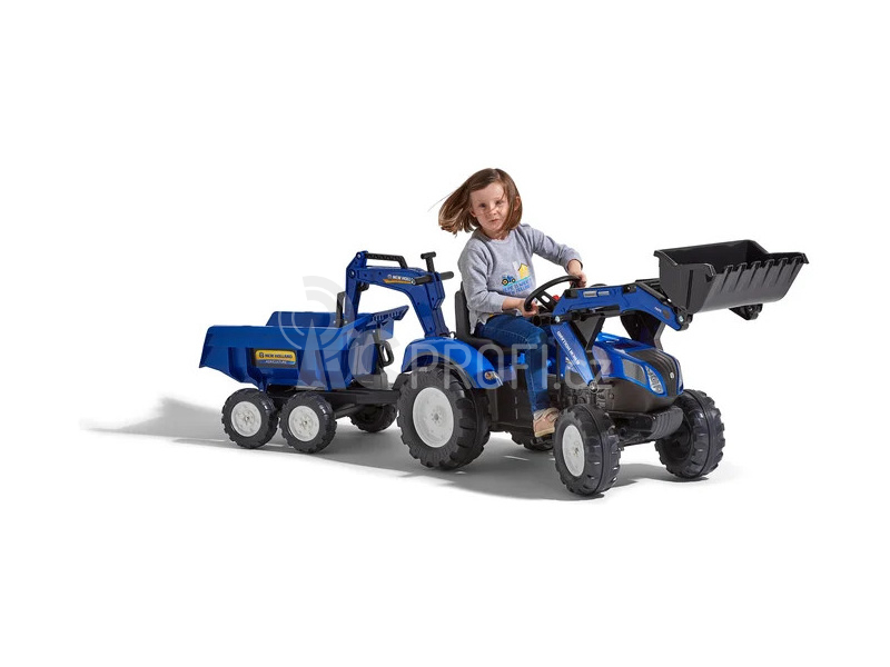 FALK - Šlapací traktor New Holland T8 s nakladačem, rypadlem a maxi vlečkou - červený