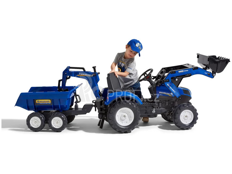 FALK - Šlapací traktor New Holland T8 s nakladačem, rypadlem a maxi vlečkou - červený