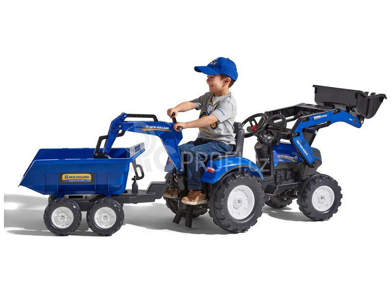 FALK - Šlapací traktor New Holland T8 s nakladačem, rypadlem a maxi vlečkou - červený