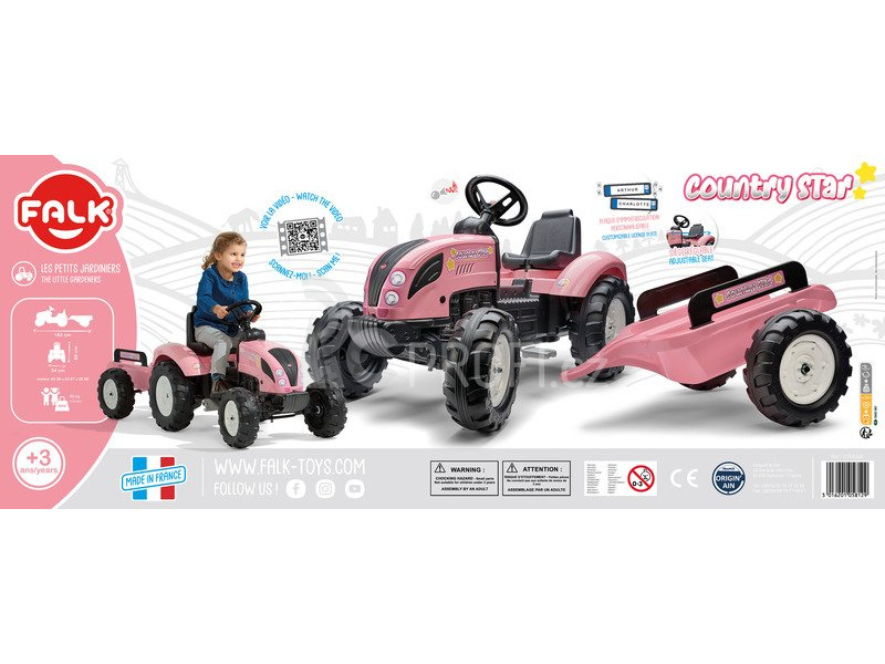 FALK - Šlapací traktor Pink Country Star s vlečkou